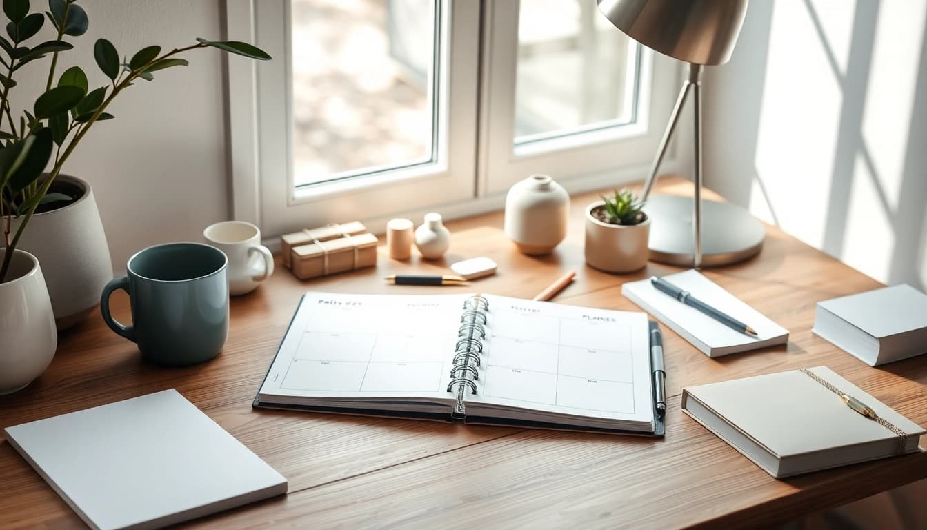 Enhance your Effortless Daily Organization with a beautifully arranged planner on a sleek desk.