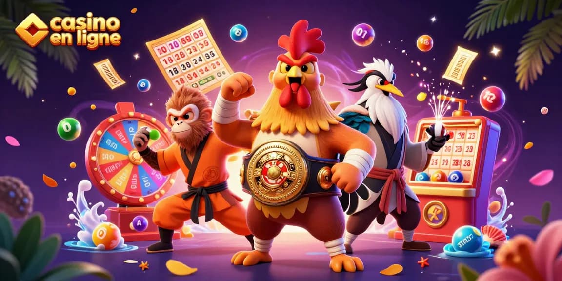 Promotion de casino en ligne avec un coq Muay Thai, un singe Shaolin et un maître grue entourés de jeux.