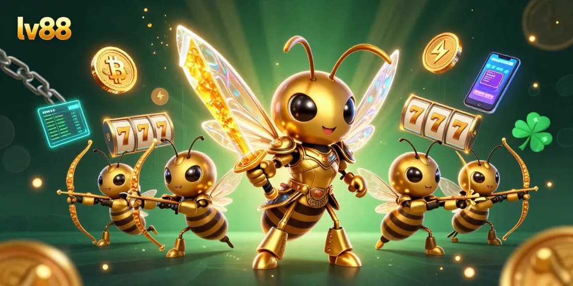 Engage with lv88's vibrant gambling universe filled with slot reels, golden coins, and dynamic characters.