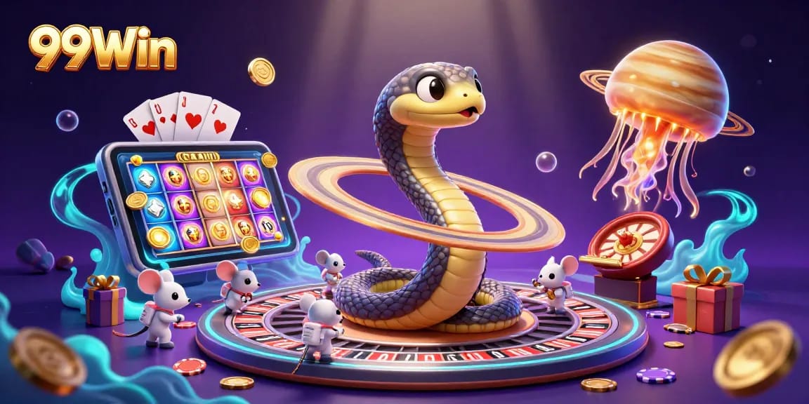 Bet with 99Win at a cosmic casino featuring a roulette wheel and colorful games.