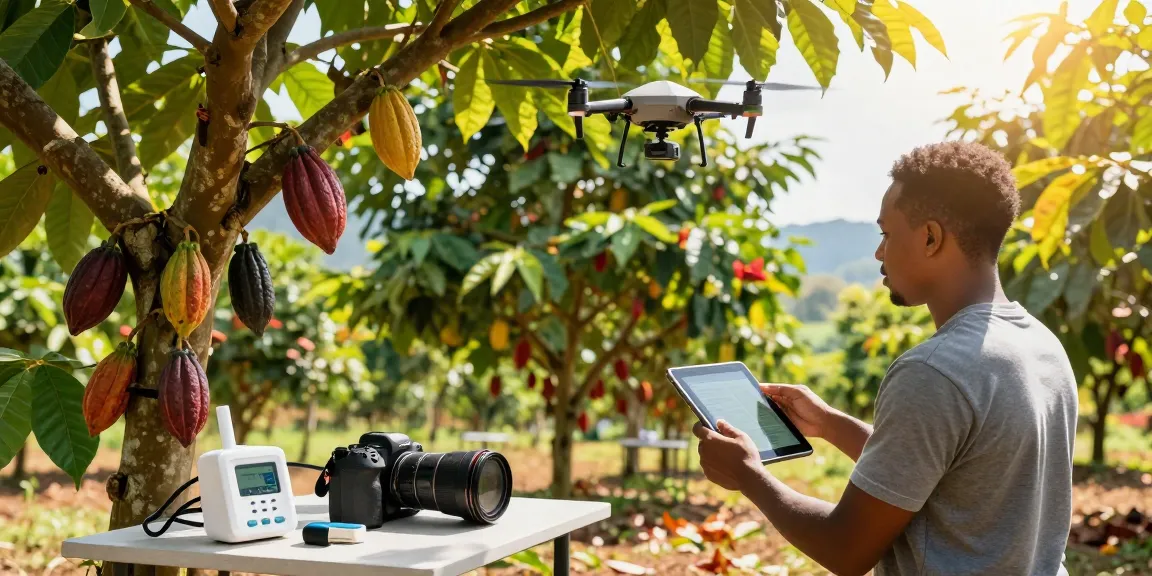 Farmer analyzing m98 cocoa pods with technology on a vibrant farm.