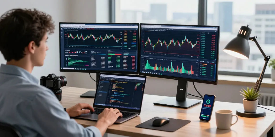 Trader analyzing market data on mt4 platform in a modern workspace.