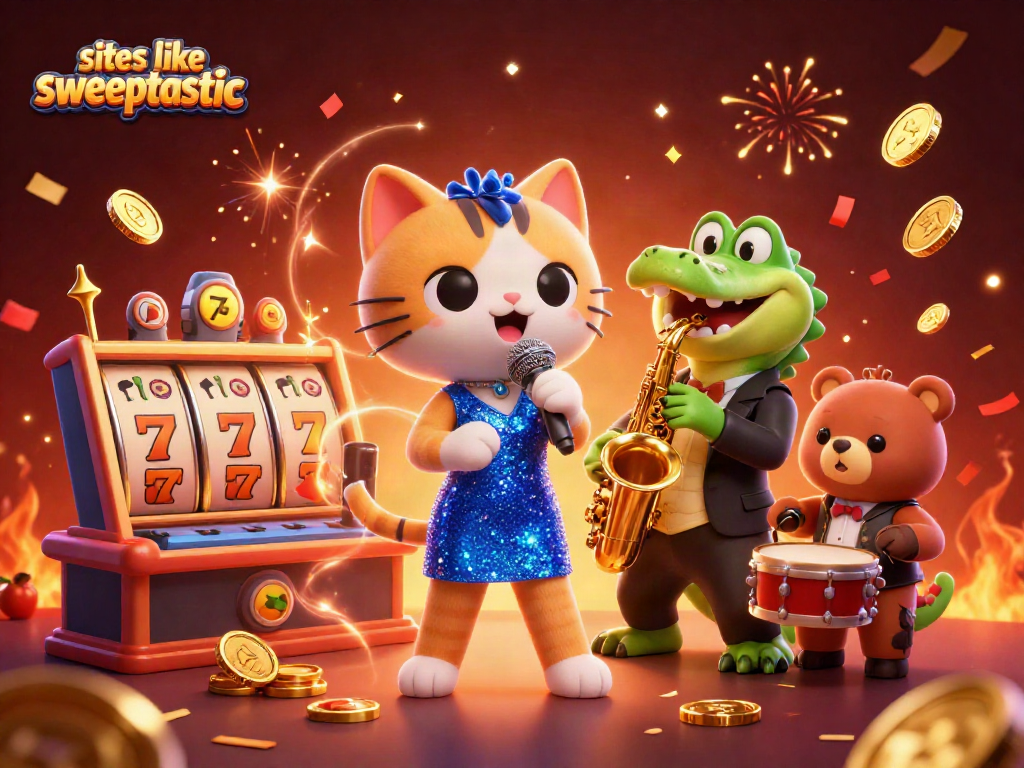 Experience fun and excitement at sites like sweeptastic with vibrant casino illustrations showcasing slots and lively characters.