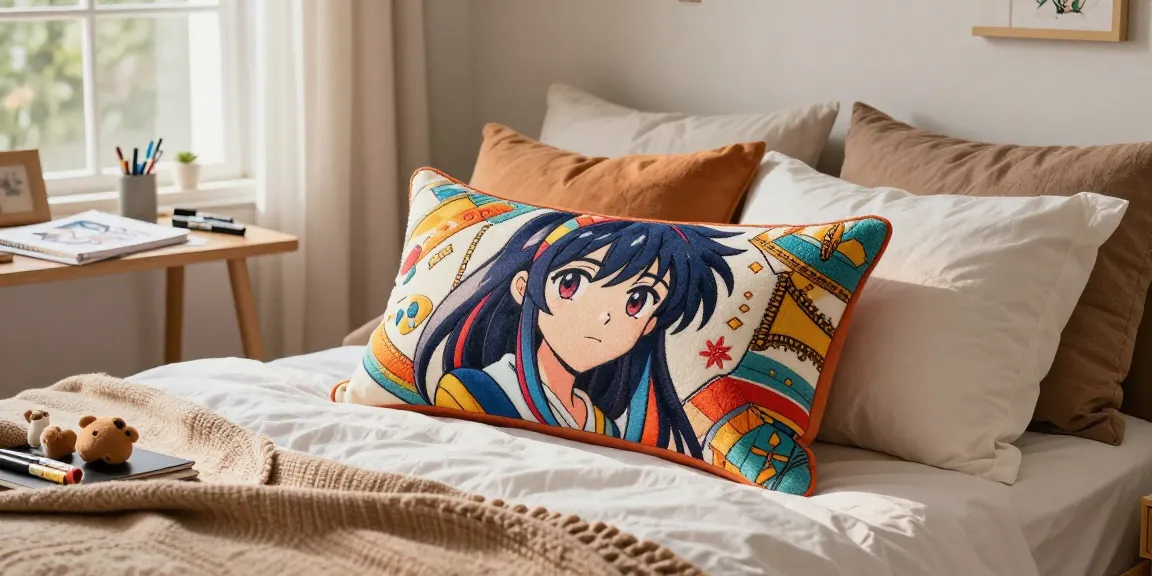 Custom body pillow on a cozy bedroom bed, showcasing vibrant anime design and artistic elements.