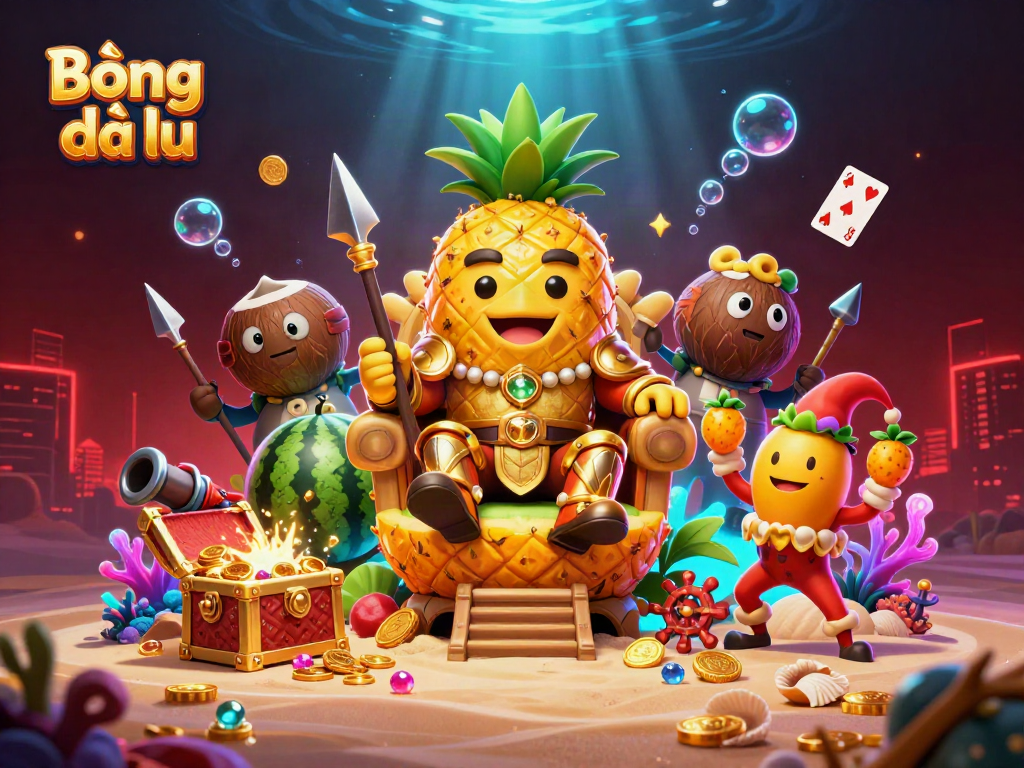 Bóng đá lu showcases a vibrant casino scene with a golden pineapple king, lively characters, and underwater treasures.