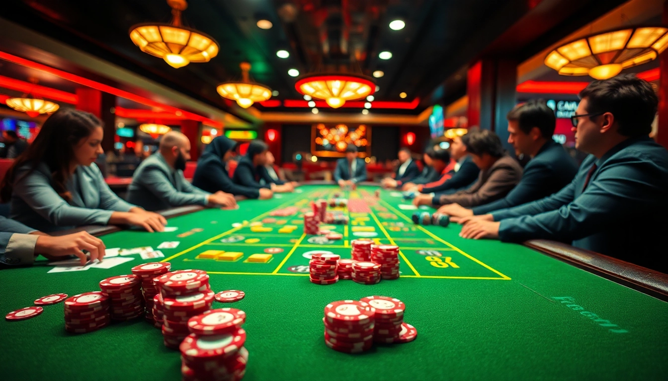 bbni4d pada meja kasino yang menampilkan chip dan kartu berwarna cerah, suasana permainan yang hidup.