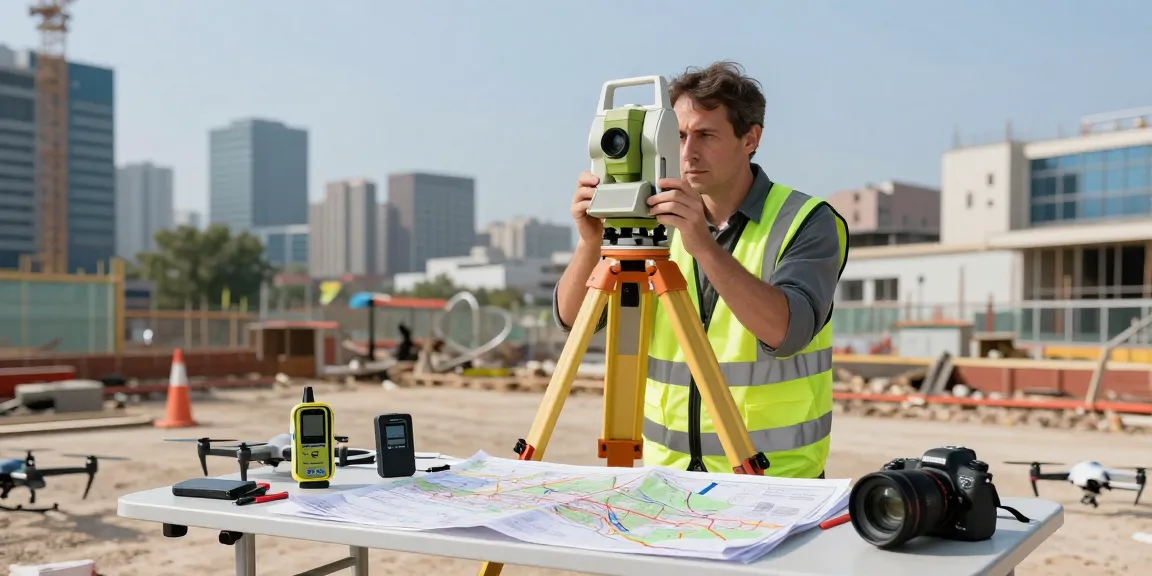 Topographical surveys conducted by professional surveyor measuring urban site with advanced equipment.