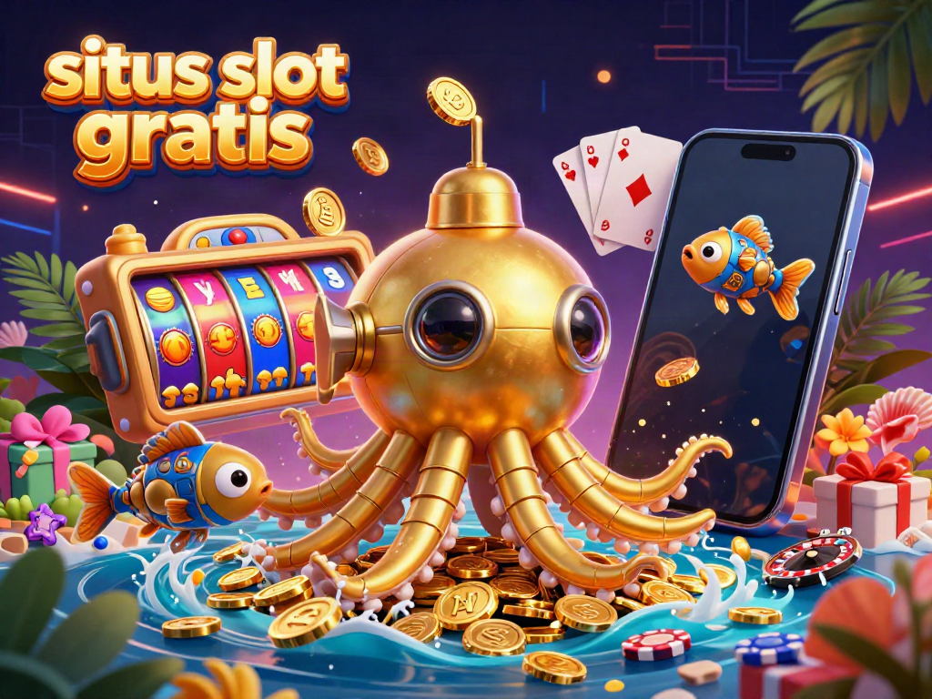 Play exciting slot games with situs slot gratis as a golden kraken submarine emerges from coins.