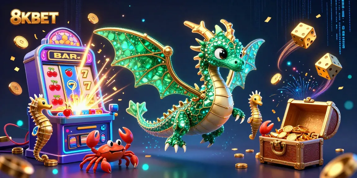 Experience the thrill of 8KBET with dazzling gems and an emerald sea dragon amidst casino excitement.