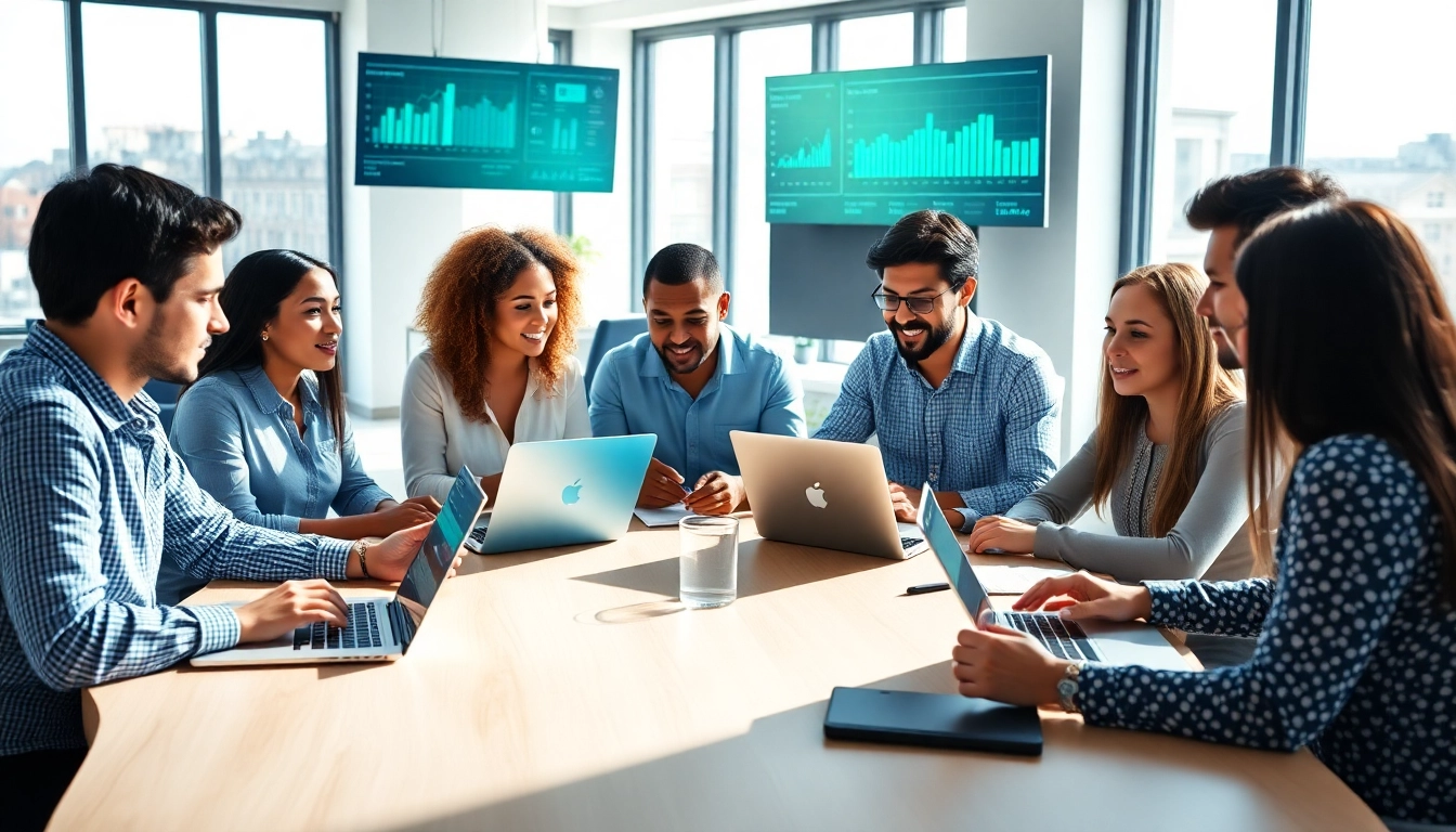 Dynamic collaboration at a social media agency showcasing teamwork in a modern workspace