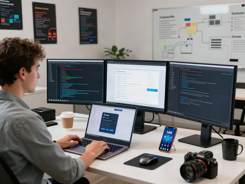 Pikashow APK software development workspace with developer coding on multiple screens, vibrant accessories, and organized desk.