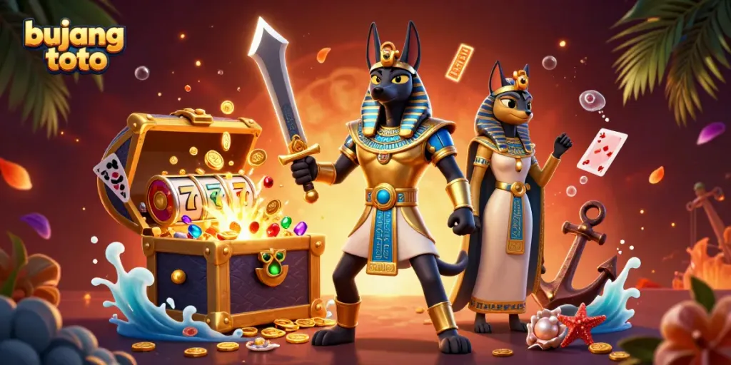 Bujang toto gaming scene showcasing Anubis and Bastet with slot reels and treasures