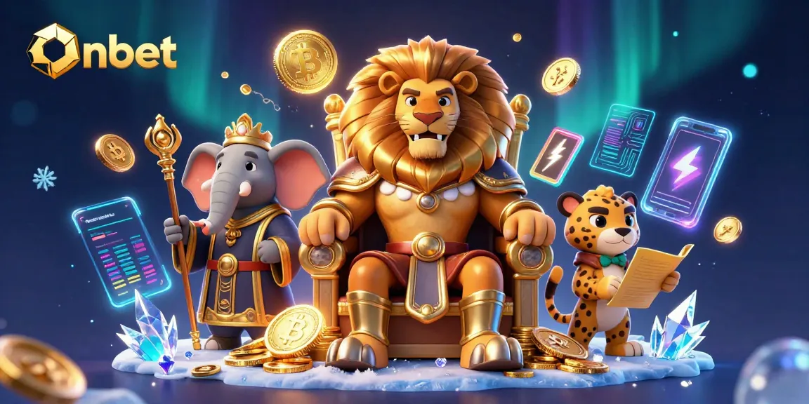 Engage with Onbet as the fierce lion king rules the crypto casino realm with coins and charts.