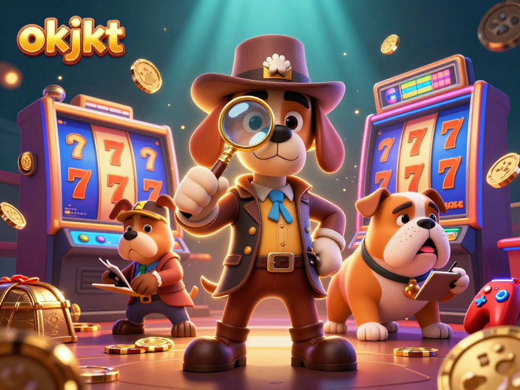 Melihat permainan slot menarik di okjkt dengan karakter detektif lucu menjelajahi petunjuk kemenangan.