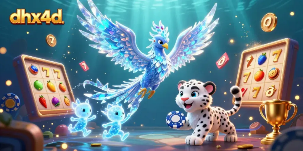Gambarkan aksi bermain slot gacor di dhx4d dengan phoenix es, anak macan tutul, dan simbol slot berwarna.