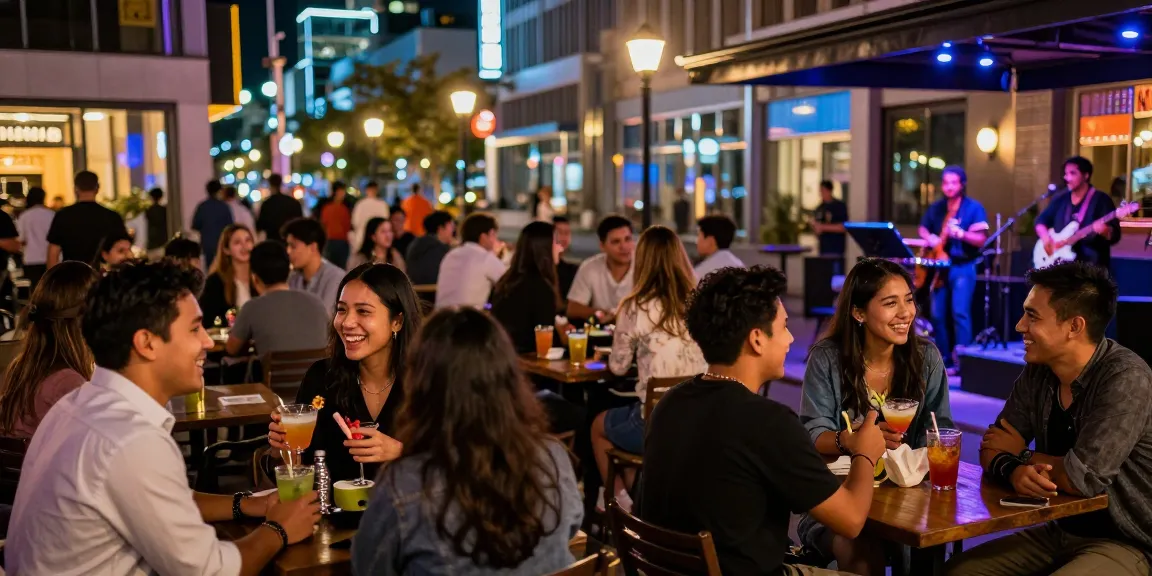 Exciting nightlife at a 유흥사이트 with friends enjoying drinks and music in a vibrant urban setting.