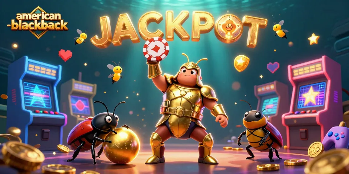 Play exciting american-blackjack with a victorious beetle character and glowing gaming elements in a vibrant scene.
