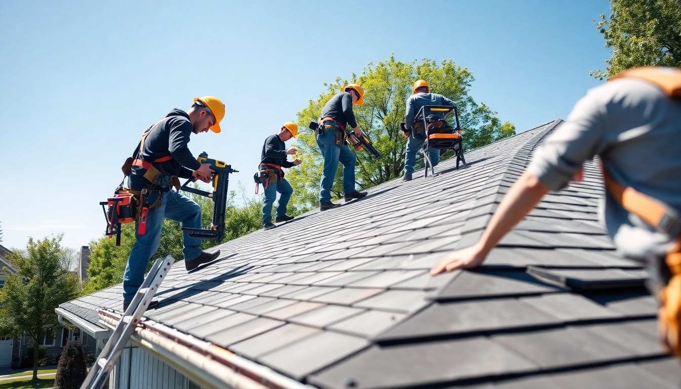 Roofing twinsburg ohio: Skilled roofers installing a new roof on a home in a neighborhood.