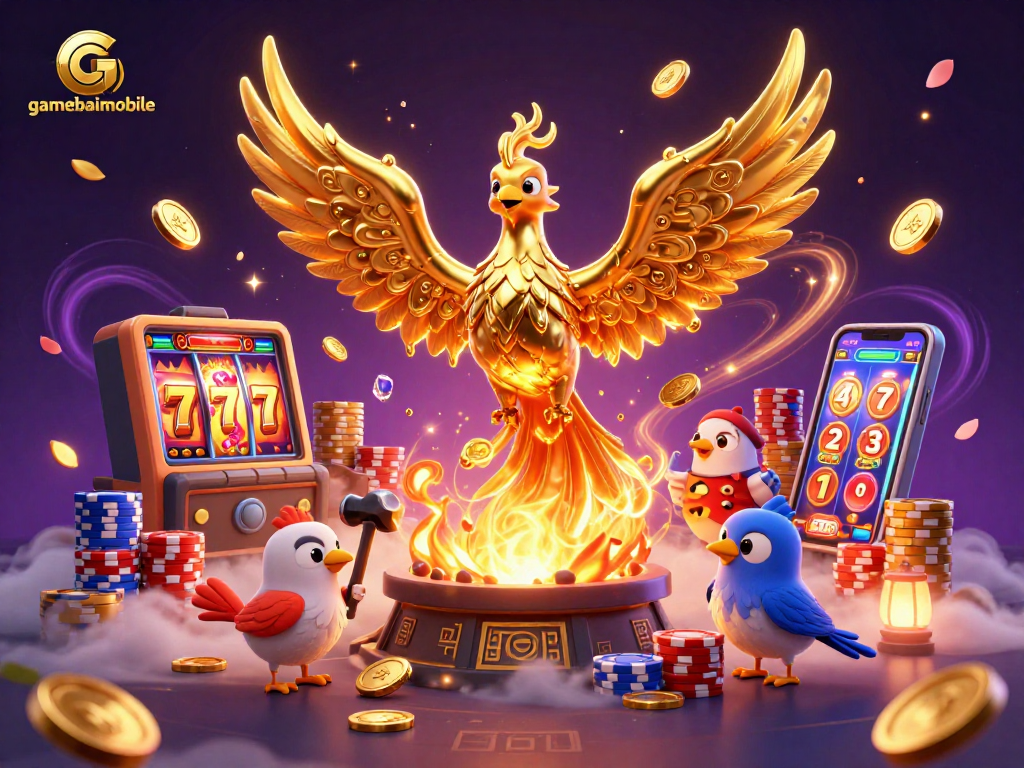 Experience gamebaimobile's thrilling slot games with captivating imagery of golden phoenix and spinning reels
