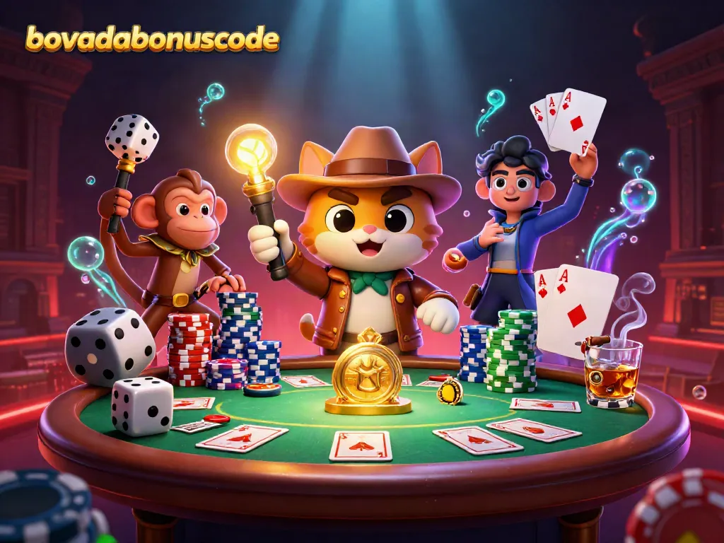 Explore thrilling BovadaBonusCode adventures with a cartoon cat and monkey finding casino treasures.
