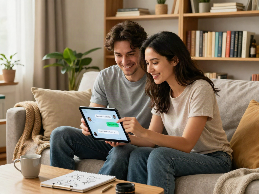 Couple engaging with girlfriend AI on a tablet in a cozy living room setting.