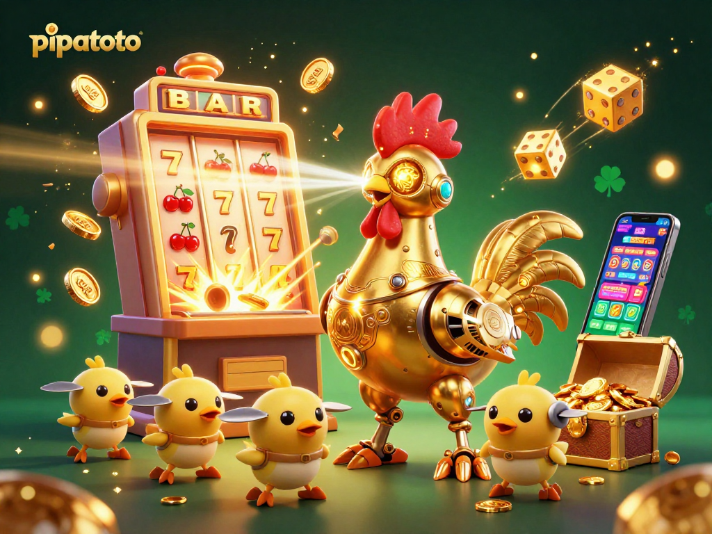 Pipatoto delights players with a dynamic 3D illustration of a golden rooster robot amidst a jackpot explosion.