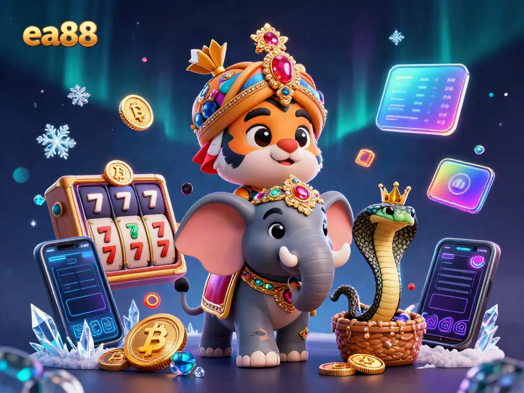 Hình ảnh mô tả kéo jackpot tại ea88 với mèo hổ và voi trang sức.