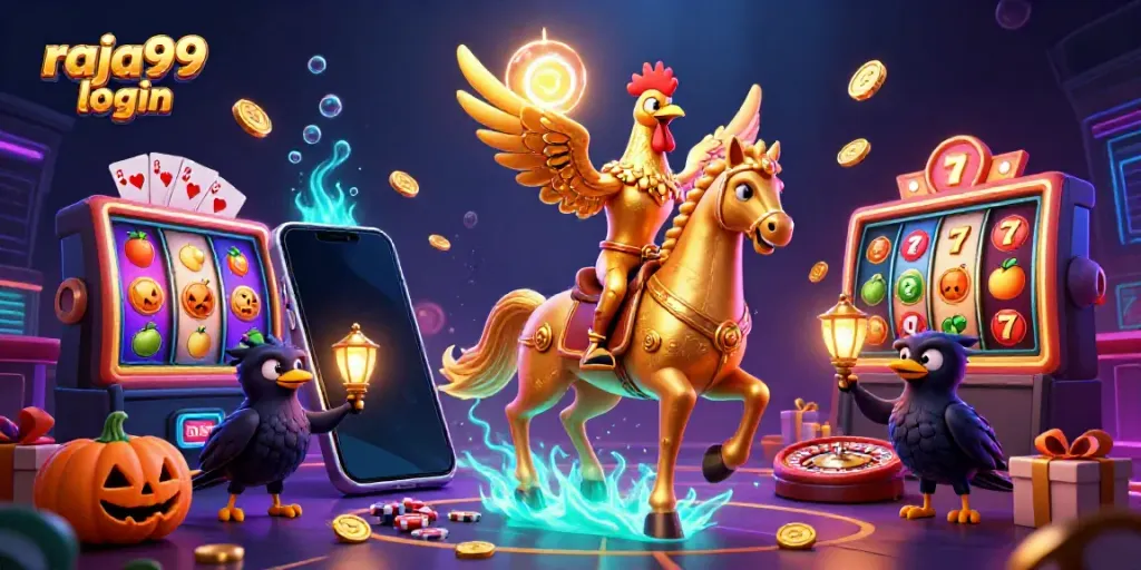 Engage with raja99 login in this vibrant casino scene featuring a golden rooster and slot reels.