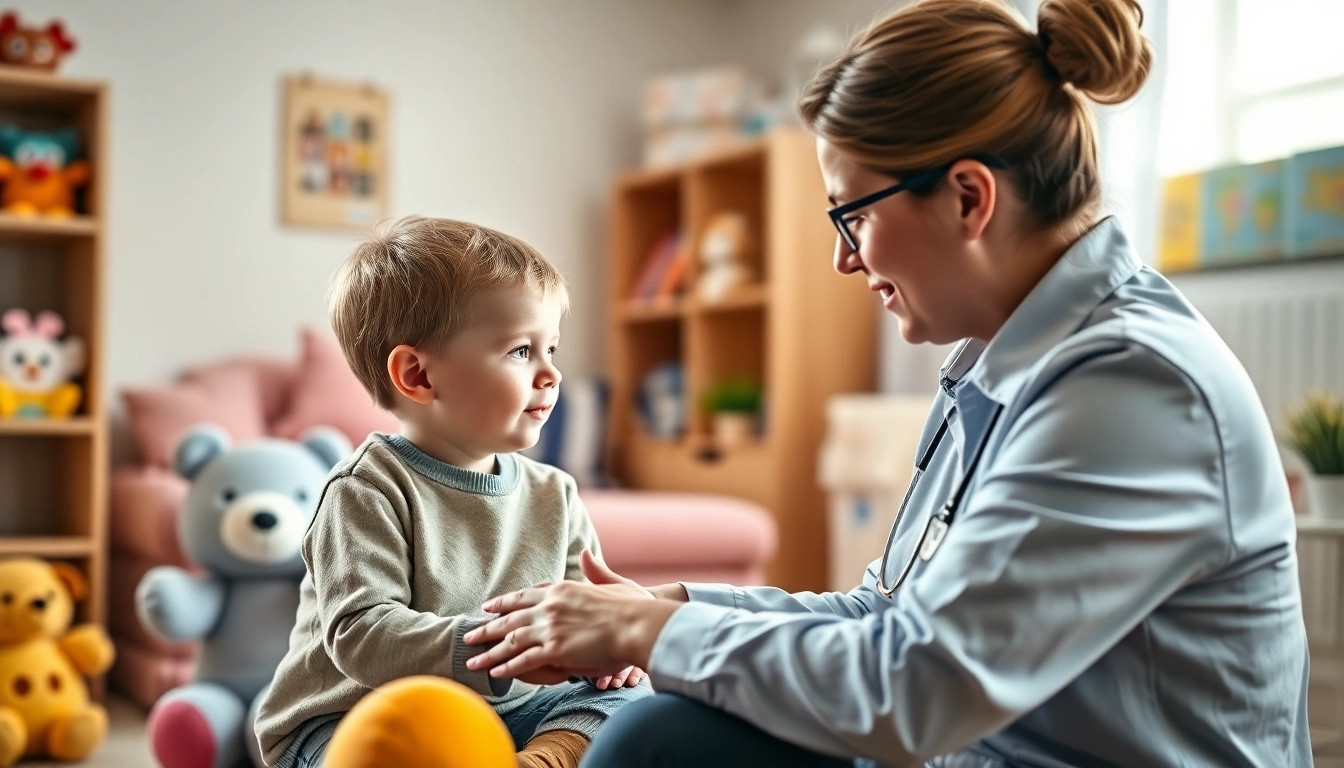 Child psychologist providing autism help to a young child in a colorful therapy room.