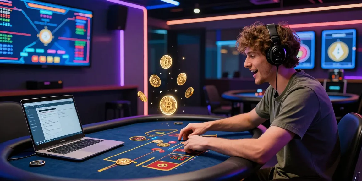 Engaged player at a digital poker table in a vibrant crypto casino, showcasing real-time game stats and virtual currency excitement.