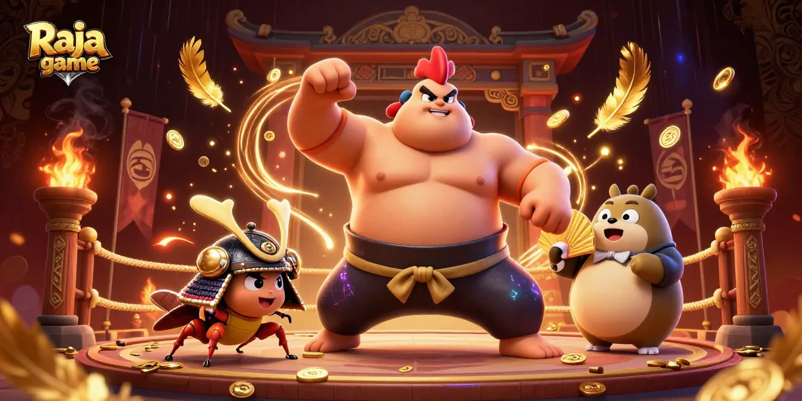 Engage in thrilling gameplay at Raja game, featuring a powerful sumo rooster and fighting cricket.