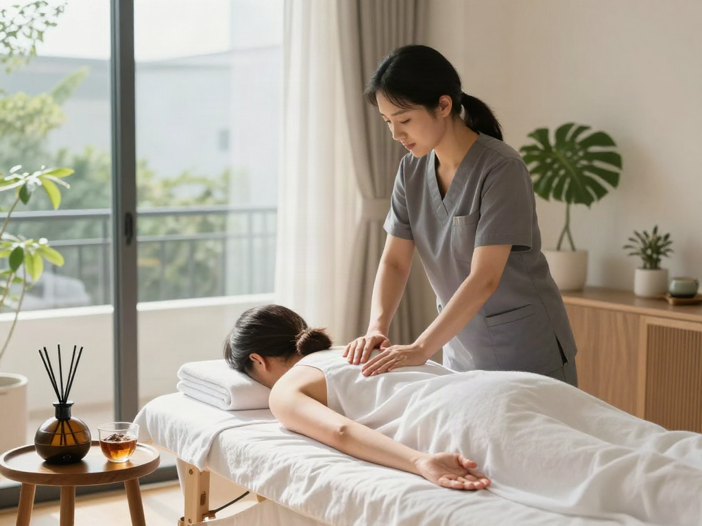 Relaxing atmosphere for 부천출장마사지 with a professional therapist and calming decor.