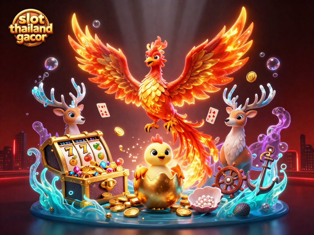 Engage with slot thailand gacor featuring a vivid 3D illustration of a phoenix, baby chick, and stag alongside dynamic slot elements.