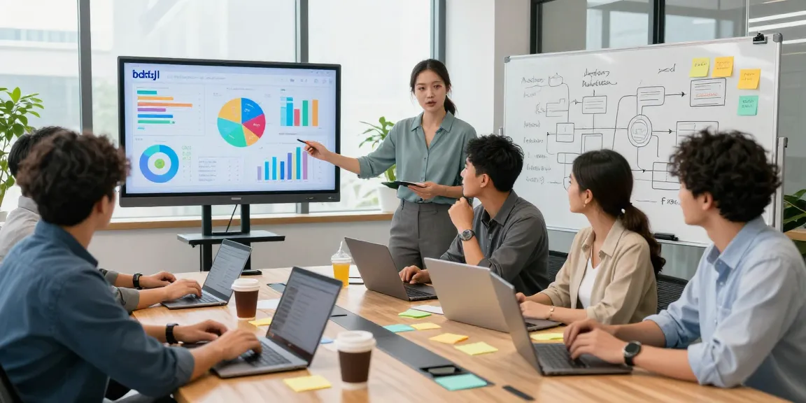 Marketing team strategizing around bdtjl growth metrics in a vibrant office.
