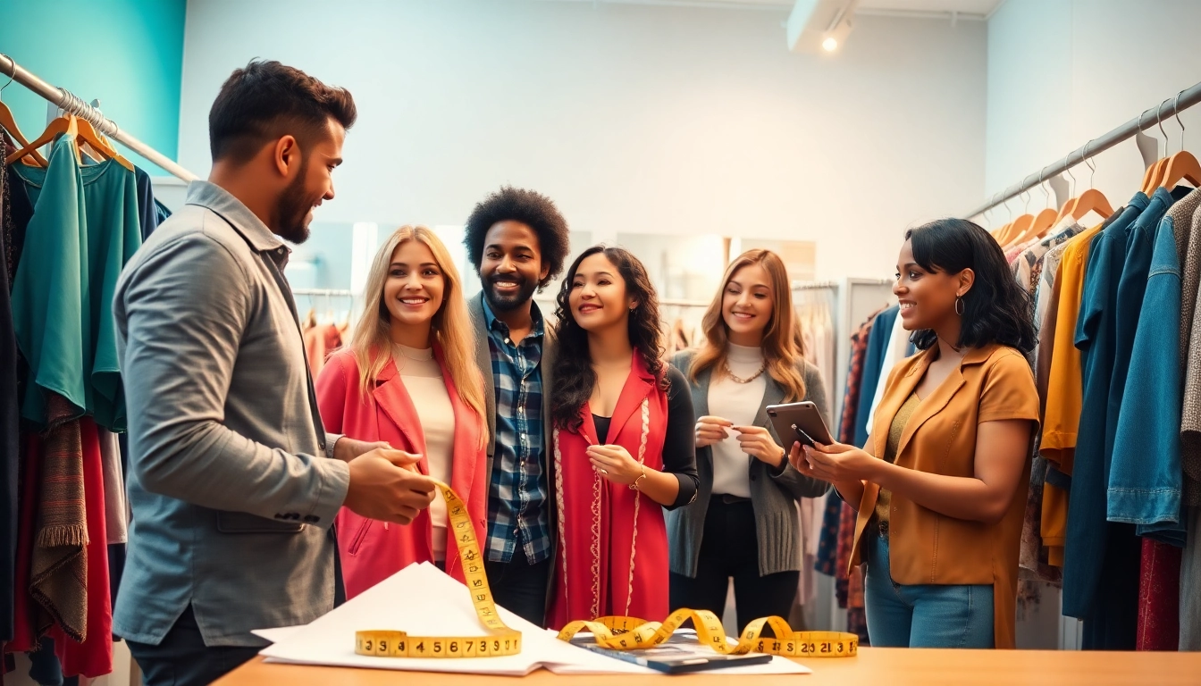How to find my Perfect fit with a stylist aiding diverse individuals in a modern dressing room.