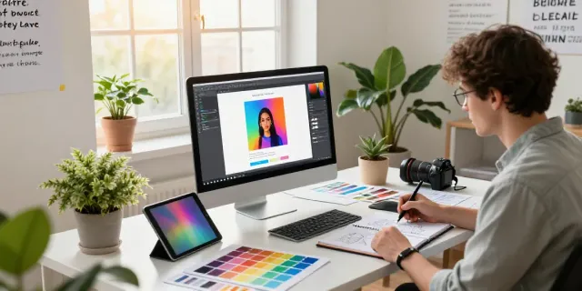 Designer using an AI cover image generator in a bright creative studio.