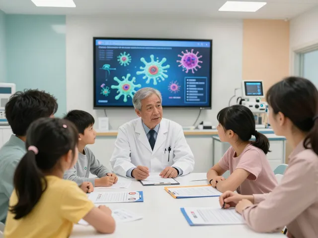 Oncologist discussing CAR T-cell immunotherapy with patients in a modern hospital setting, highlighting personalized cancer treatment.