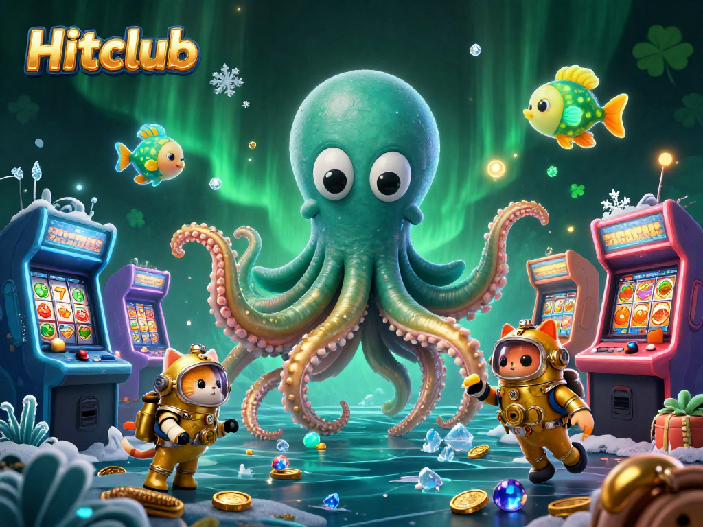 Engage in vibrant slot gaming adventure at Hitclub with kraken, diving cat, and glowing arcade machines.