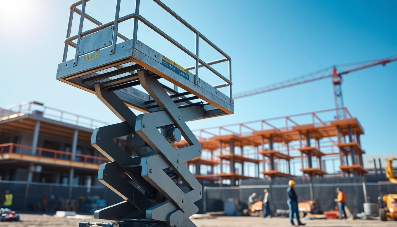 Scissor lift elevating construction workers safely at a job site with bright sunlight.
