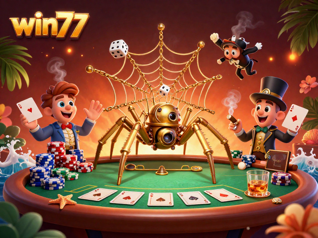 Memenangkan permainan di win77 dengan ilustrasi bergaya 3D kasino yang penuh warna.