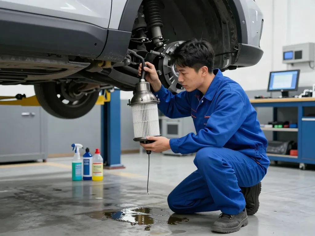 Mechaniker reinigt DPF in moderner Auto-Werkstatt, effiziente Instandhaltung.