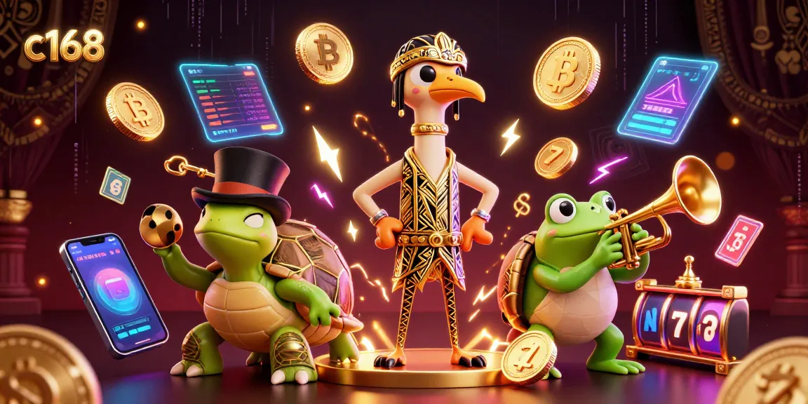 c168 offers a vibrant casino scene with animated characters engaging in thrilling games and cryptocurrency excitement.