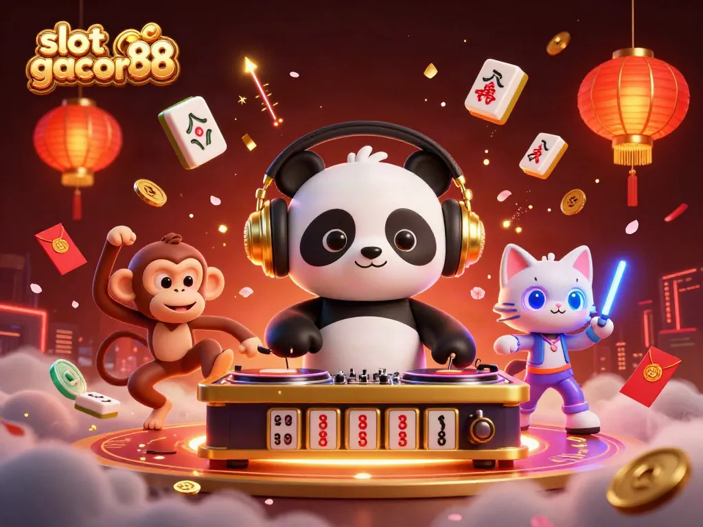 Experience the thrill of slot gacor 88 with vibrant characters in a festive casino scene.