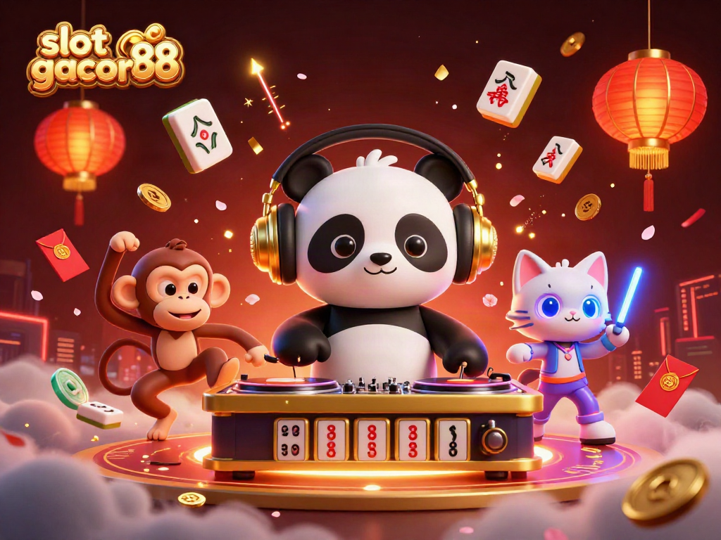 Experience the thrill of slot gacor 88 with vibrant characters in a festive casino scene.