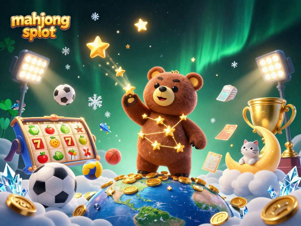 Mahjong slot illustration featuring starry bear, planets, and dynamic gaming elements.