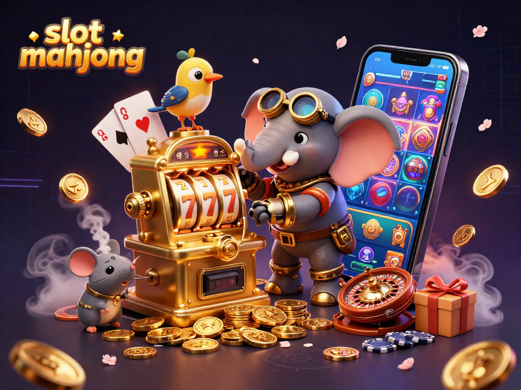 Slot mahjong dengan slot machine yang dioperasikan oleh gajah steampunk dalam suasana kasino yang meriah.