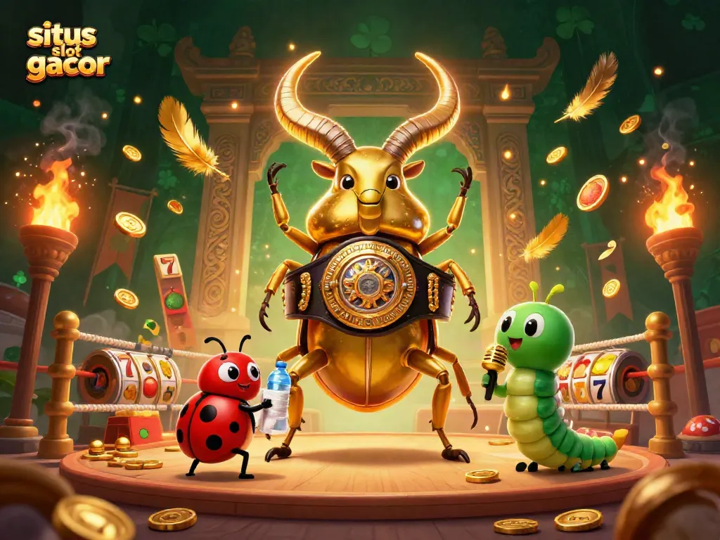 Engaging illustration of situs slot gacor with dynamic slot reels and vibrant characters in a casino arena.