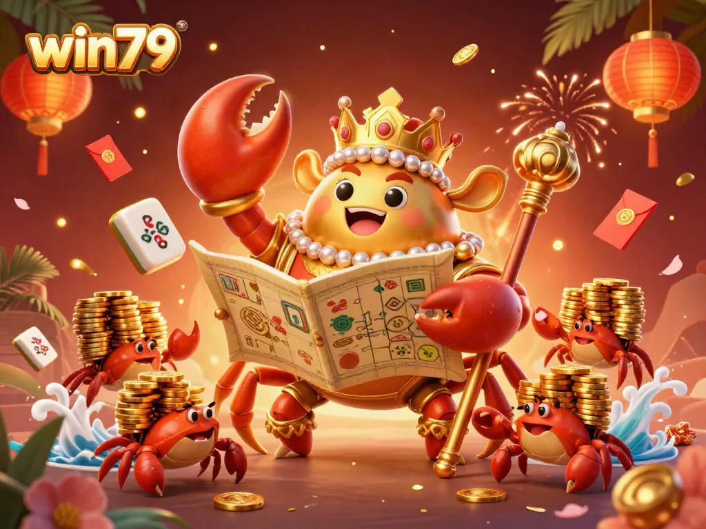 Experience thrilling gameplay with win79's vibrant 3D crab emperor and treasure map illustration.