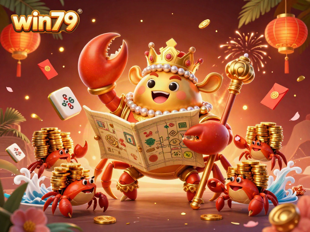 Experience thrilling gameplay with win79's vibrant 3D crab emperor and treasure map illustration.