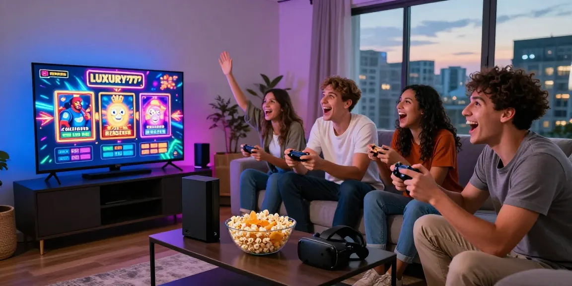 Pengalaman bermain slot video LUXURY777 yang seru dengan teman di ruang tamu modern.